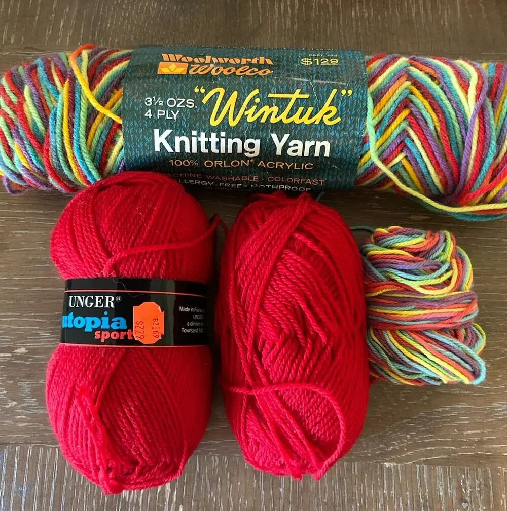 Vtg Mixed Lot Of Unger Yarn Skeins Variegated Rainbow Colors And Red, Acrylic